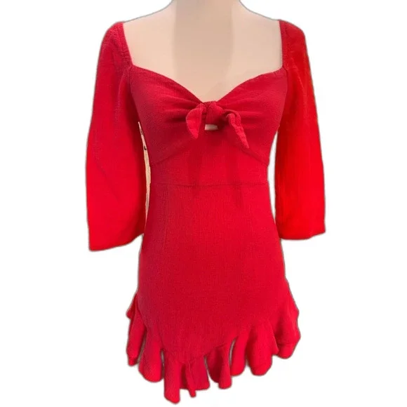 Coquette Sweetheart Bow Mini Dress Berry Red Ruffle Smocked Date Night Size 10 - Picture 2 of 11